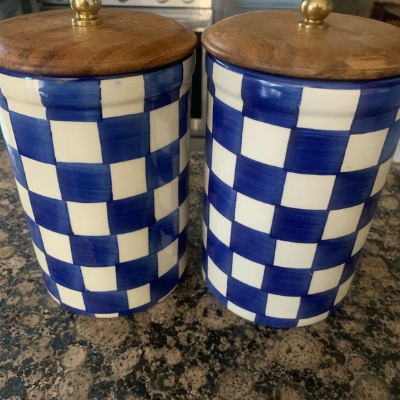 None Other - Blue and White Checkered Canisters with Wooden Lids, large